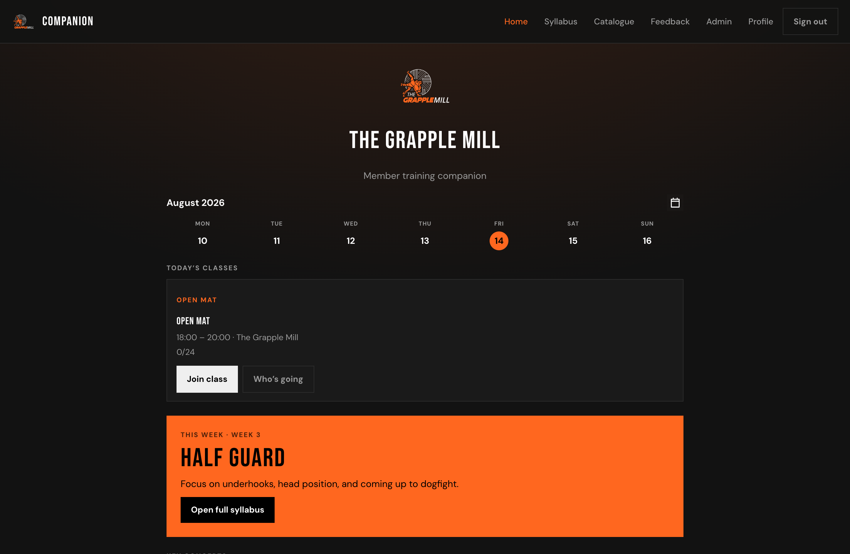 Companion member home screen with gym branding